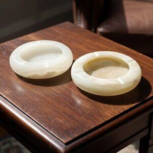 Vintage Natural White Onyx Marble Ashtray Pair Large Round Mid Century Modern